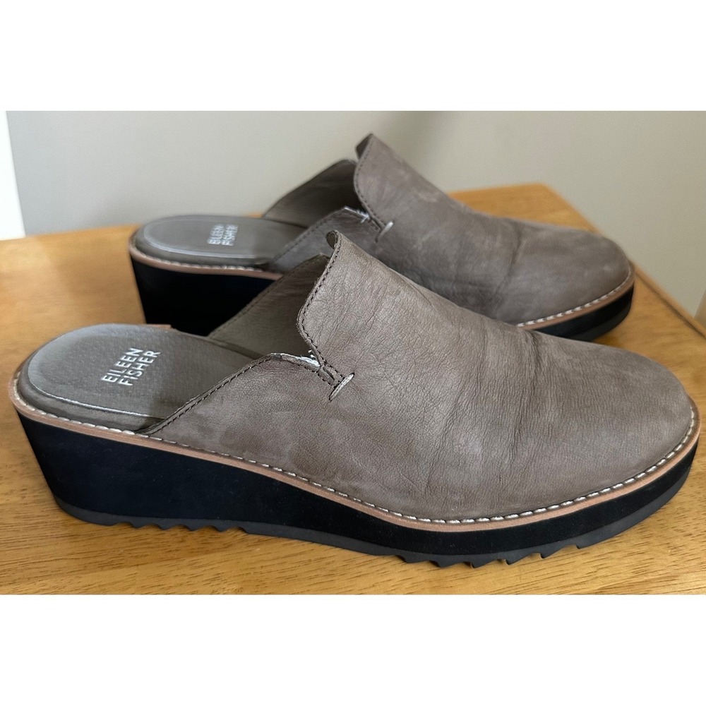 Eileen Fisher Women's Sport Platform Wedge Mules Taupe Leather Slip On Size 9